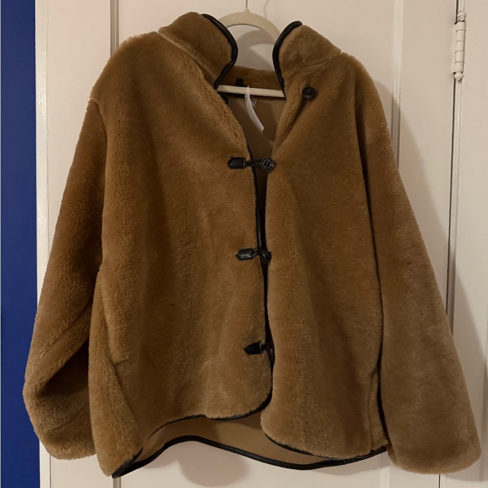 H&M Brown Faux Fur Coat with Black Accents